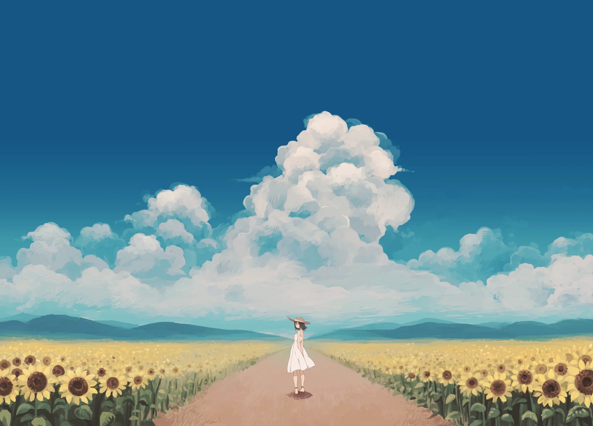 Illustration eines Sonnenblumenfeldes unter einem weiten Himmel