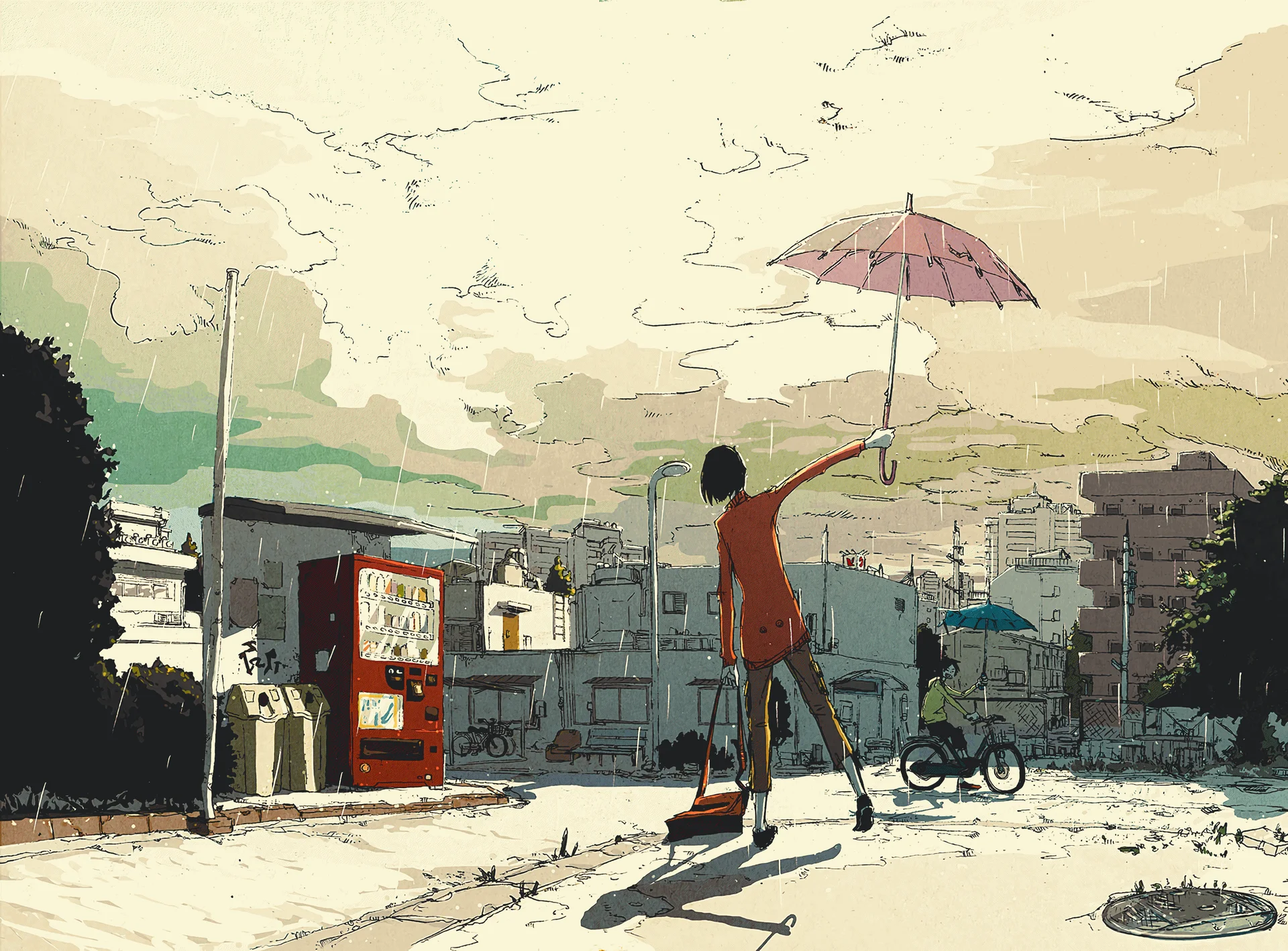 Illustration einer farbigen Straßenszene mit Regenschirm