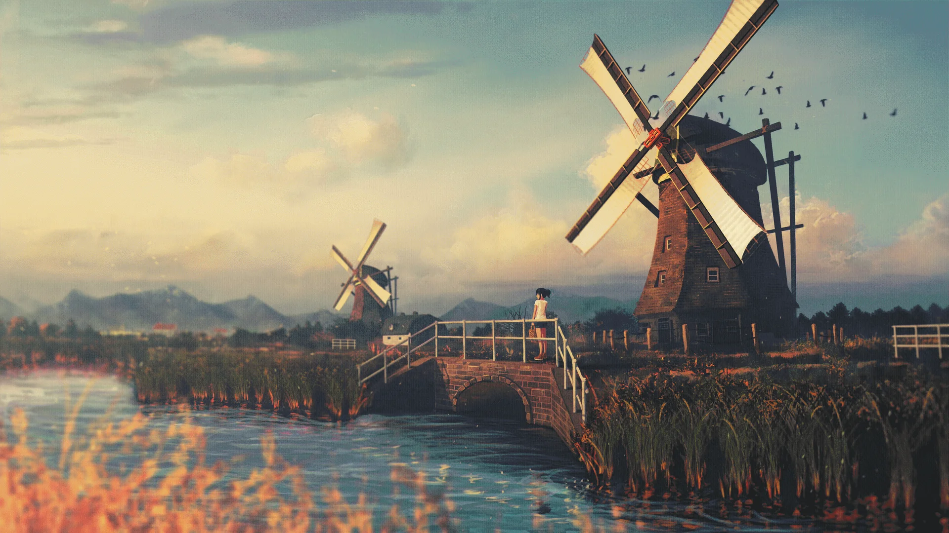 Illustration einer Landschaft mit Windmühlen im Abendlicht